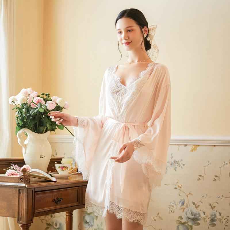 

Pink Feather Lady 2PCS Rayon Kimono Robe Gown Sets Sexy Strap Top Nightdress Hollow Out Bathrobe Autumn Lounge Home Wear