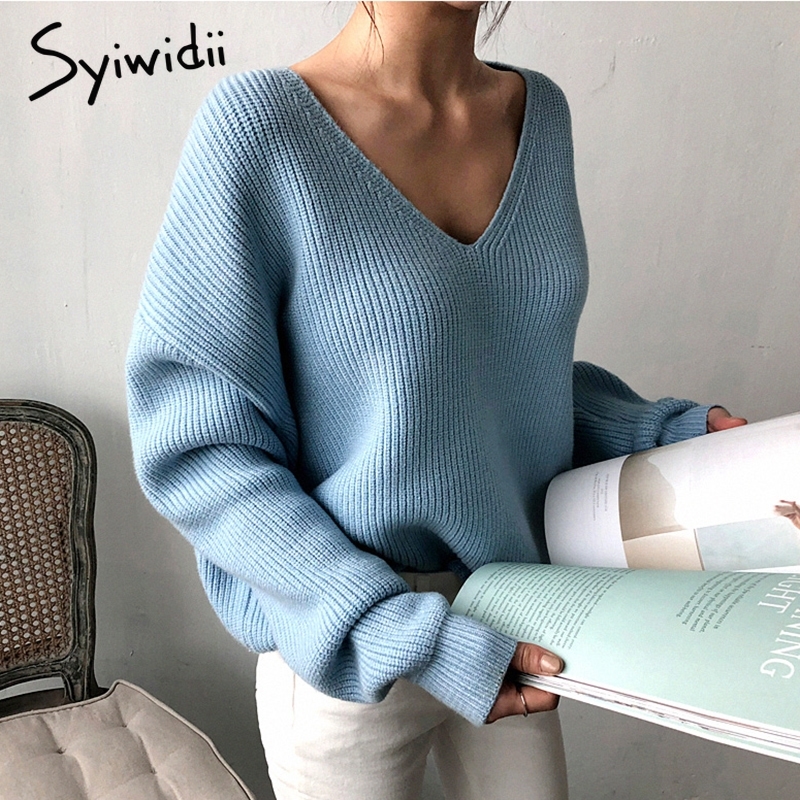 

Syiwidii Women Sweater Sky Blue V-Neck Winter Fashion Clothes Batwing Sleeve Solid Casual Pullover Korean Knit New Fall Top 201030, Beige