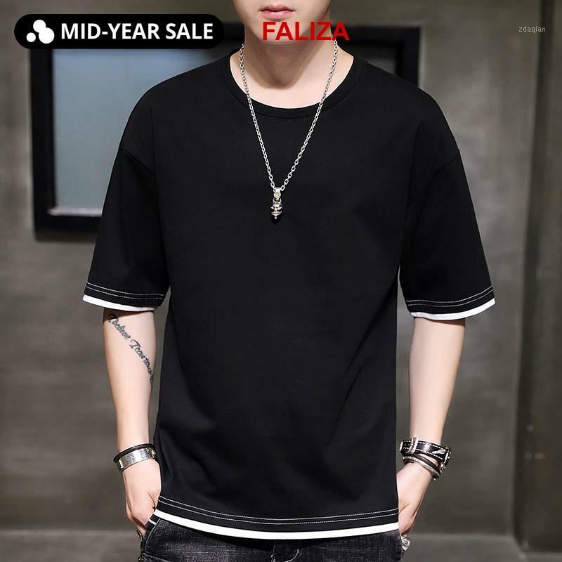

New Fashion 100% Cotton Men T-Shirt Solid Color Fake Two Pieces Short Sleeve T-shirt Harajuku Tee Shirt Summer Camisetas Hombre1, White
