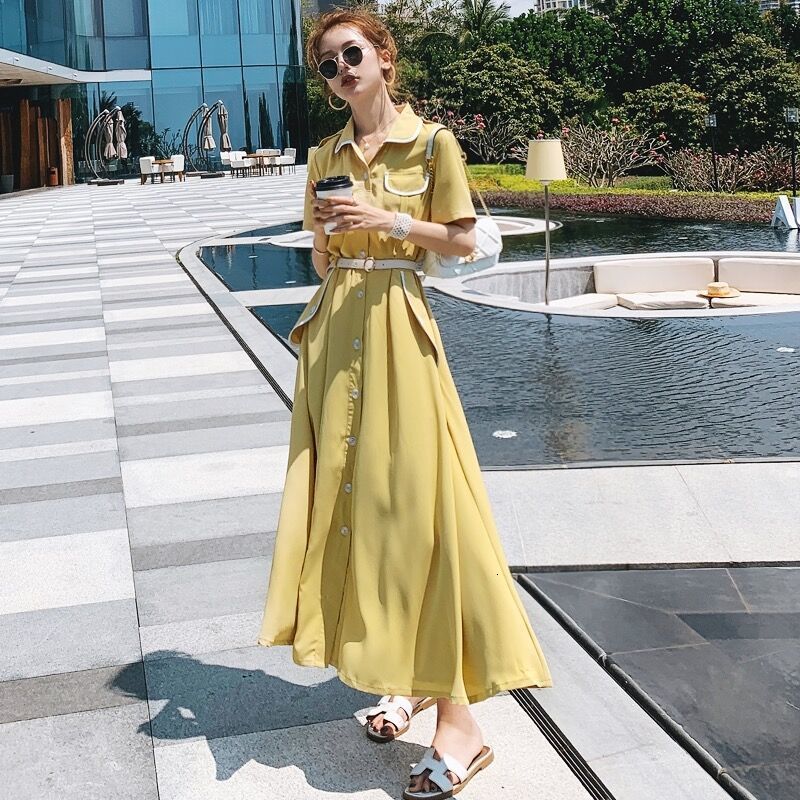 

2021 New Feminino Causal Solto Cinto Amarelo Maxi Vestido Elegante Vero High-end Blusa Vestidos 3rxk, Yellow