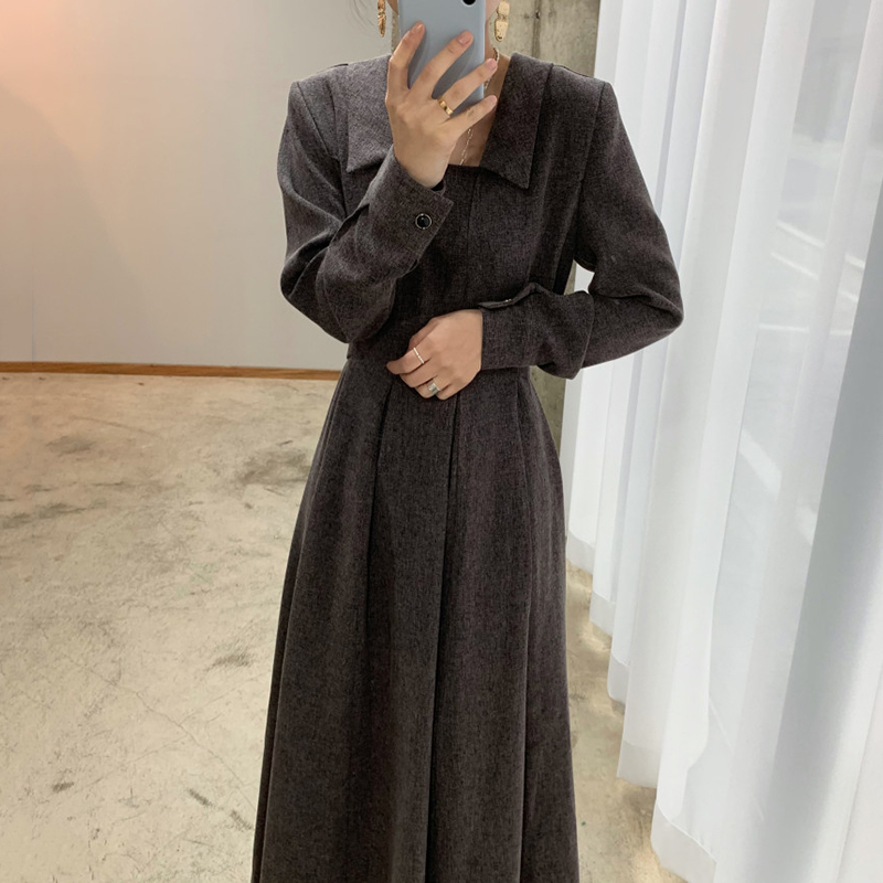 

2021 New Fancy Korean Autumn Dreass Minimalism Elegant Square Turtleneck Plied Medium Length High Waist Vintage Dress F9BY, Dark grey