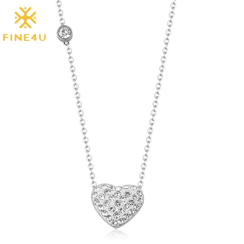 

Pendant Necklaces FINE4U N428 Love Heart Necklace With Cubic Zirconia Stainless Steel Link Chain For Women Mom Girlfriend Wife