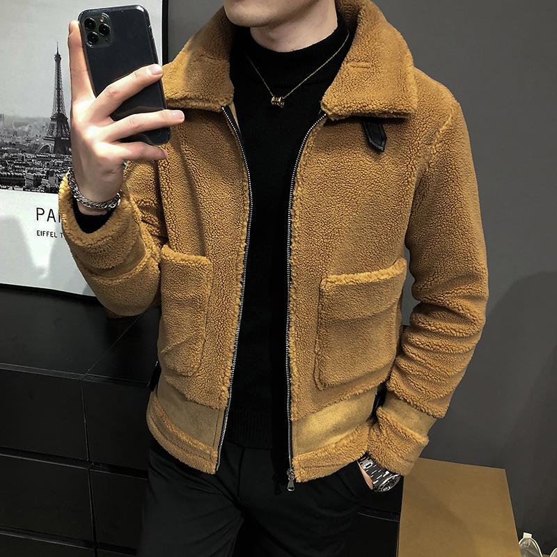 

Winter Men's Short Woolen Coat Fur Integrated Lamb Fur Jacket Coat Korean Style Mens Wool Trench Chaqueta Invierno Hombre, Black