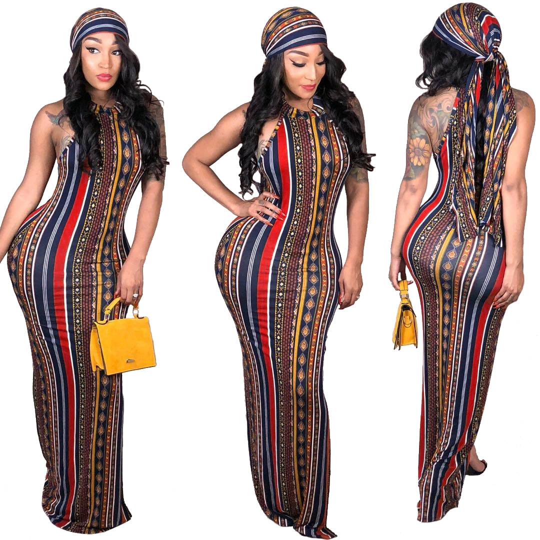 

Women Long Dresses Floral Striped Bohemian Print Sleeveless long Dress (Including Turban), Black