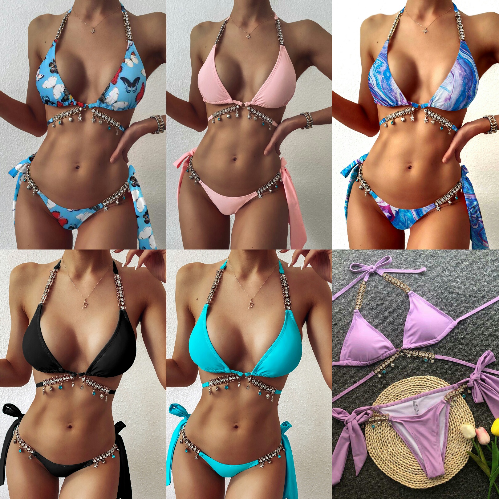 

Sexy Women Swimsuit Two Piece Bikinis Crystal Diamond Bikini Set Fashion Rhinestone Female Swimsuits Summer Beach Wear Bathing Suit 221, Mix style