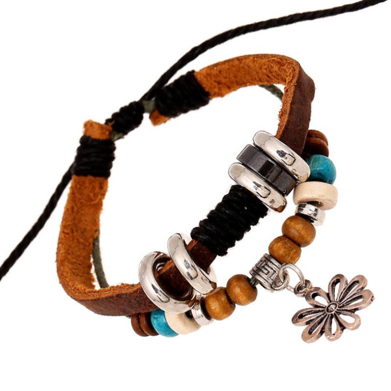 

Fashion Vintage Women Girl Flower Beads Wrap Bracelet Retro Adjustable Charm Multilayer Leather Bangle Wristbands Casual Jewelry