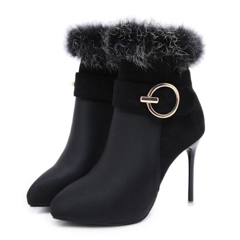

10CM Women's high heels new stiletto boots furry warm pointed toe women's zapatos boots buckle design short fashion, Black