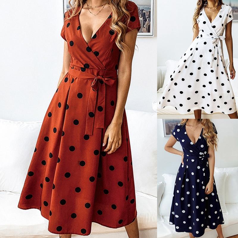

Fashion Polka Dot Summer Casual A-Line Skirt Sexy V-Neck Short Sleeve Dress, White