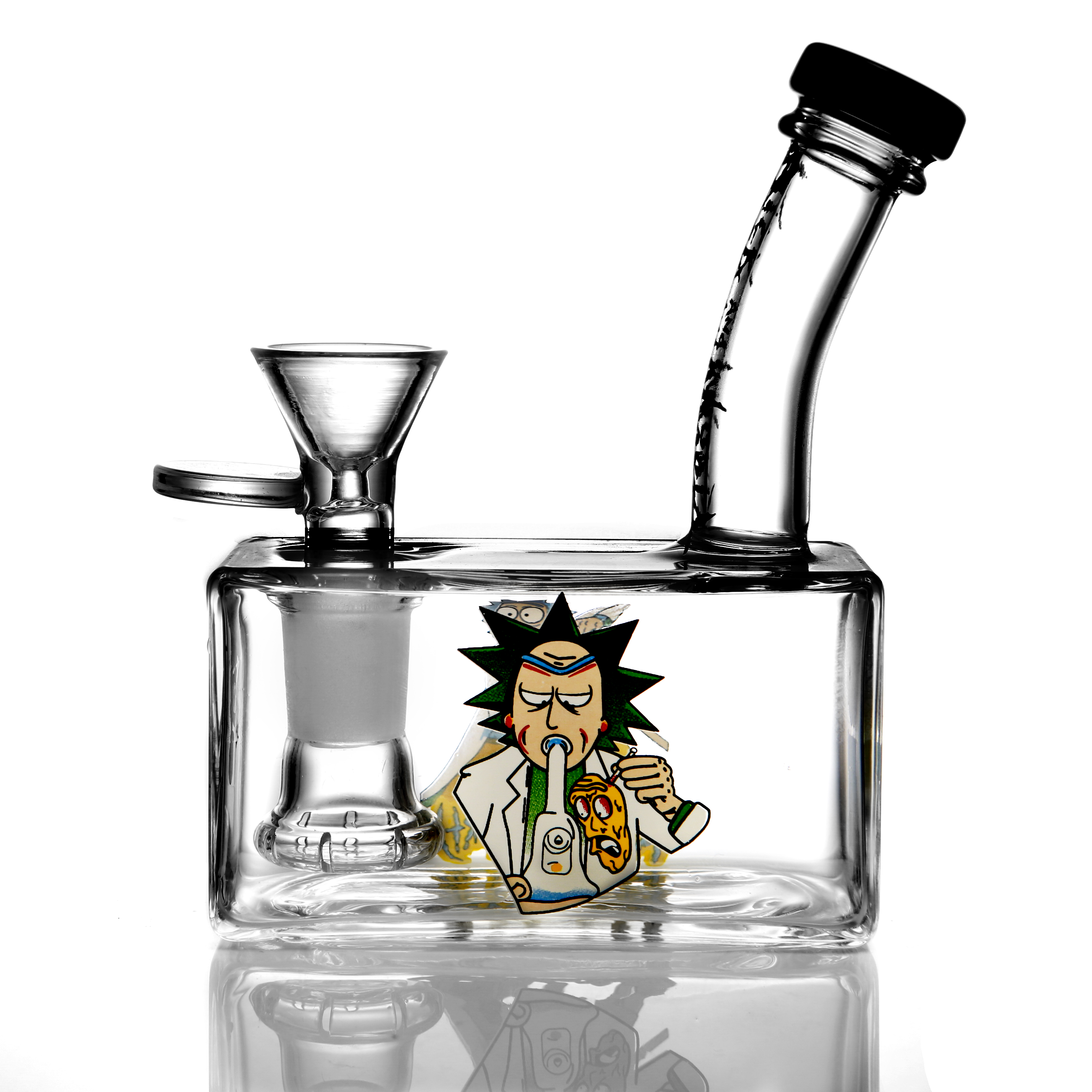 

Hookah glass bong water pipe 2022 new hot item 4.7inches Rick & Morty stickers creative rectangular shapes small dab rig bongs for smoking with 14mm bowl or quartz banger
