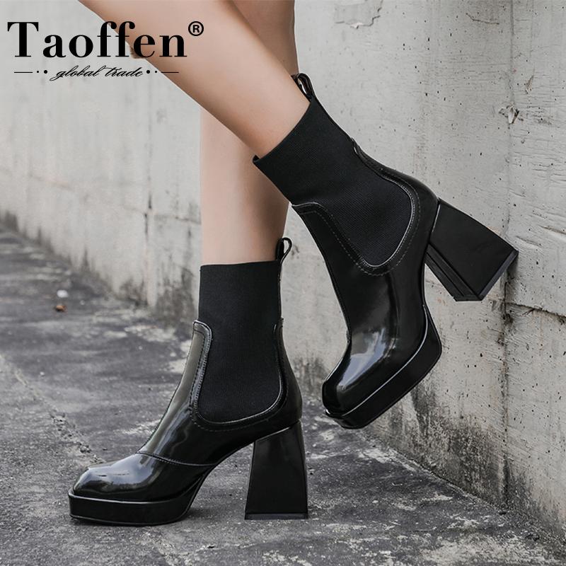 

Taoffen Fashion Genuine Leather Boots Women Ankle Boots Thick High Heels Square Toe Winter Warm For Women Size 33-40, Black without fur