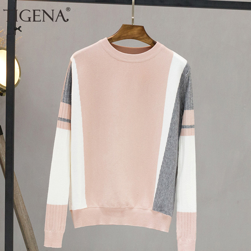 

TIGENA Contrast Color Pullover Sweater Women 2021 Fall Winter Long Sleeve Knit Jumper Sweater Female Bla Pink Knitwear Clothes, Black