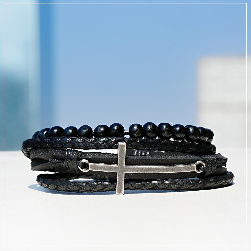 

Charm Bracelets Punk Style Trendy Men's Fashion Bracelet Set Black Multilayer Leather Cross Decoration Wooden Bead 2021 Gift