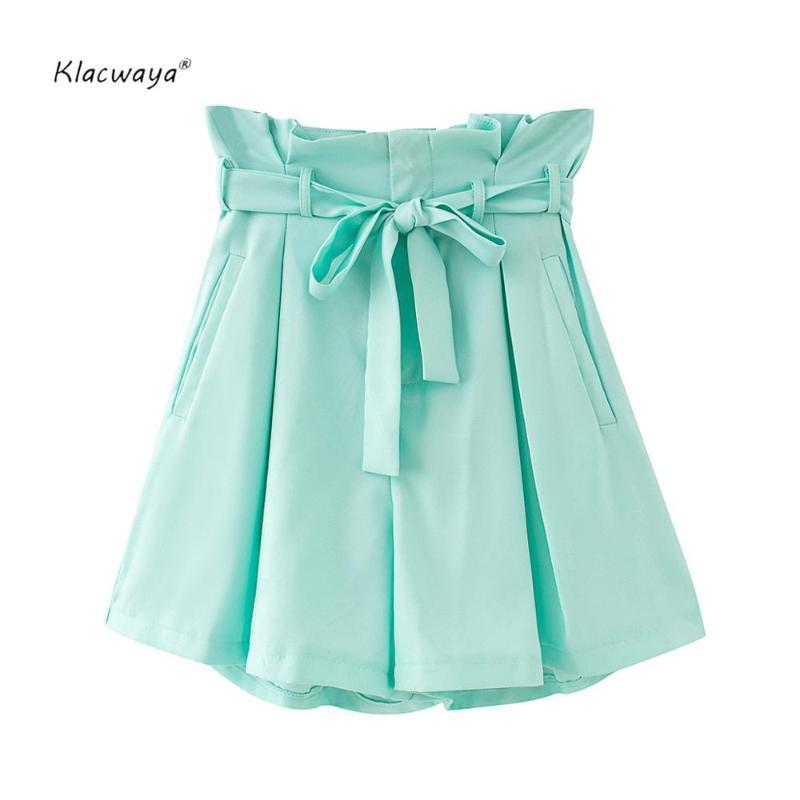 

Klacwaya women solid bow shorts 2020 summer fashion ladies pleated sashes pockets loose short pants chic girls england tyle, Gray mint