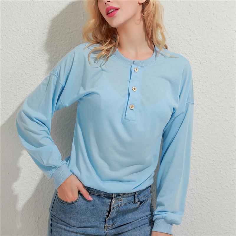 

4 Colors T-shirt O Neck Women T Shirt Casual Long Sleeve Loose Solid Color Tops Button Elegant Autumn Ladies T Shirt Streetwear, Blue