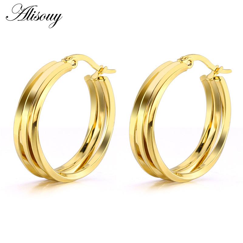 

Alisouy Vintage Stainless Steel loop Hoop Earrings For Women Gold Color Rock Punk Round Circle Hoop Earring Party Gift wholesale