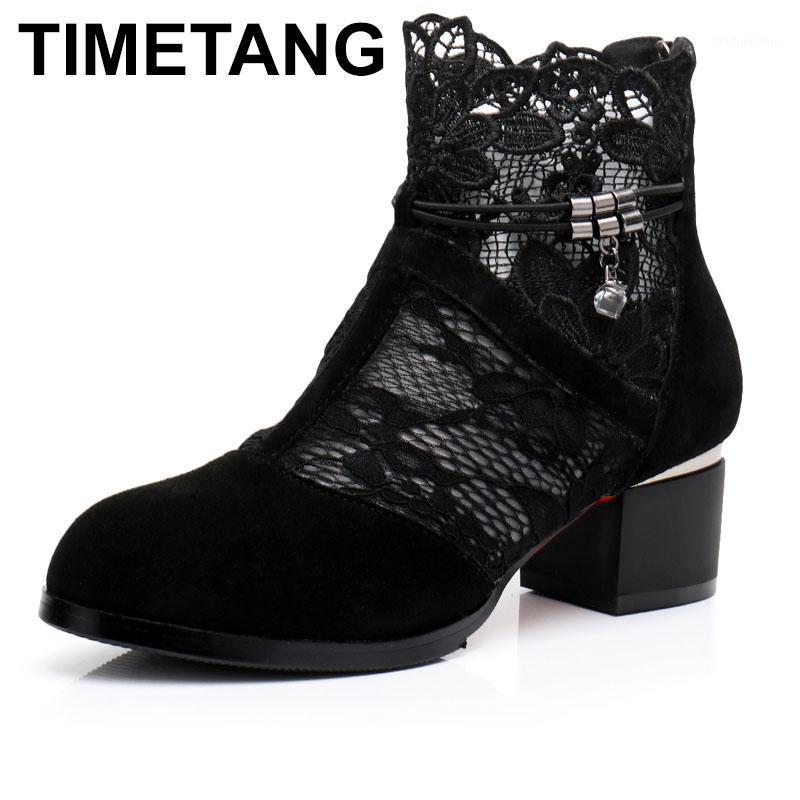 

TIMETANG Genuine Leather Women Shoes Hollow-Out Ankle Boots Mesh Summer Boots Zapatos Chaussures Femme Square High Heels1, Black