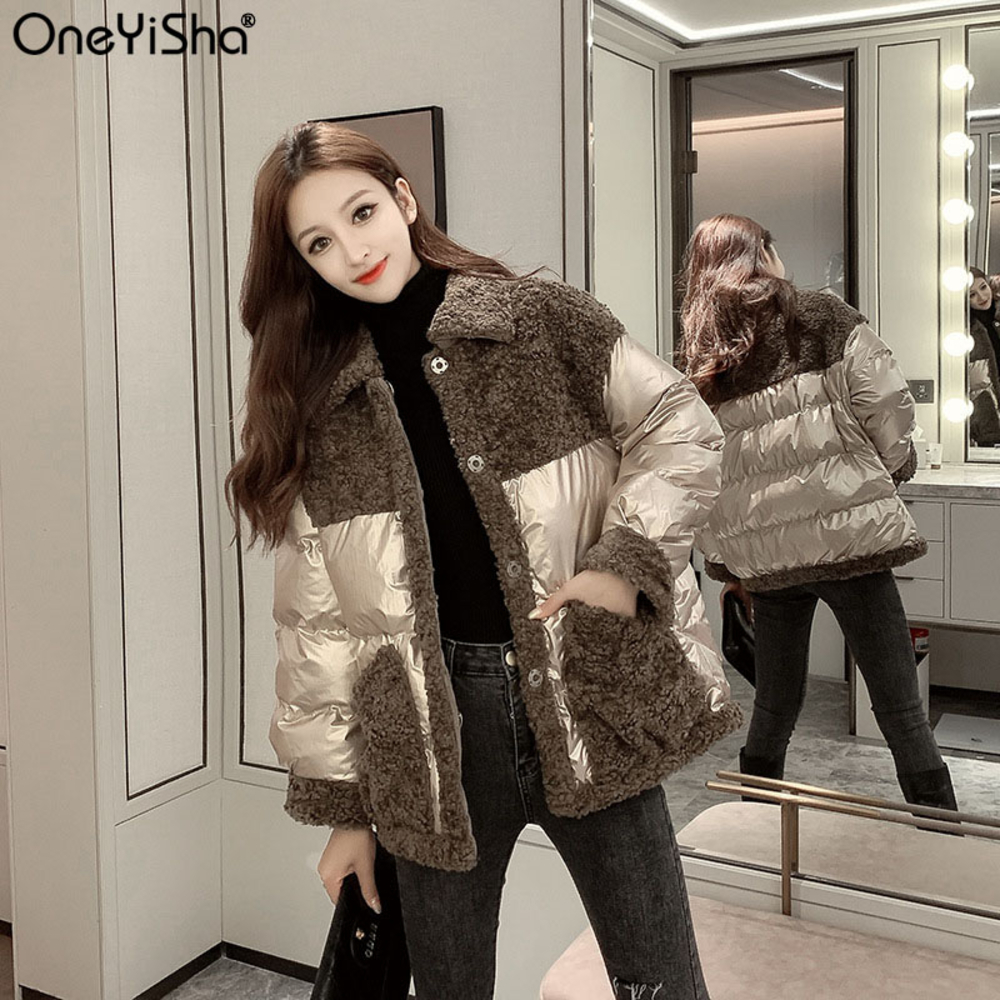 

2020 Winter Glossy Women Jacket Fuax Lamb Patchwork Female Parkas Turn-Down Collar Loose Lady Cotton Coat Thick Warm Outerwear, Black