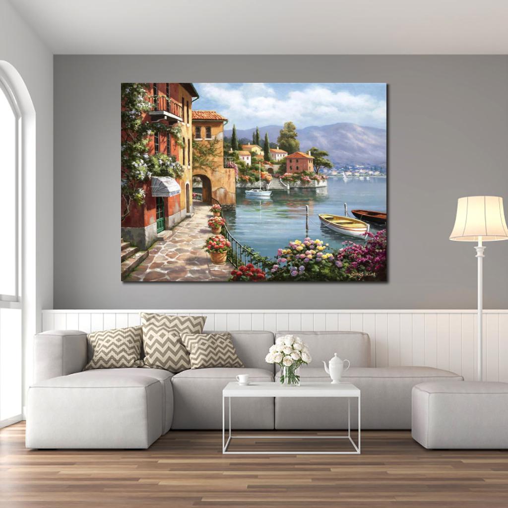 

Hand Painted Modern Art Italian Landscape Painting on Canvas Mediterranean Arch Artwork Sung Kim Lake Village for Wall Decor