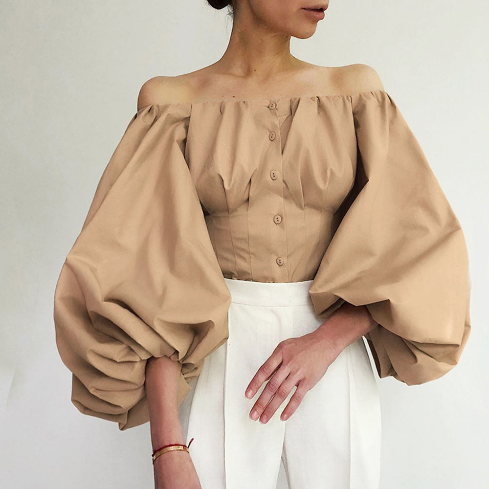 

2021 New Office Ladies Sexy Chic Pure White Black Blouse Single-breasted Lantern Sleeve Off Shoulder Cotton Shirts Vintage Spring Tops 47BM