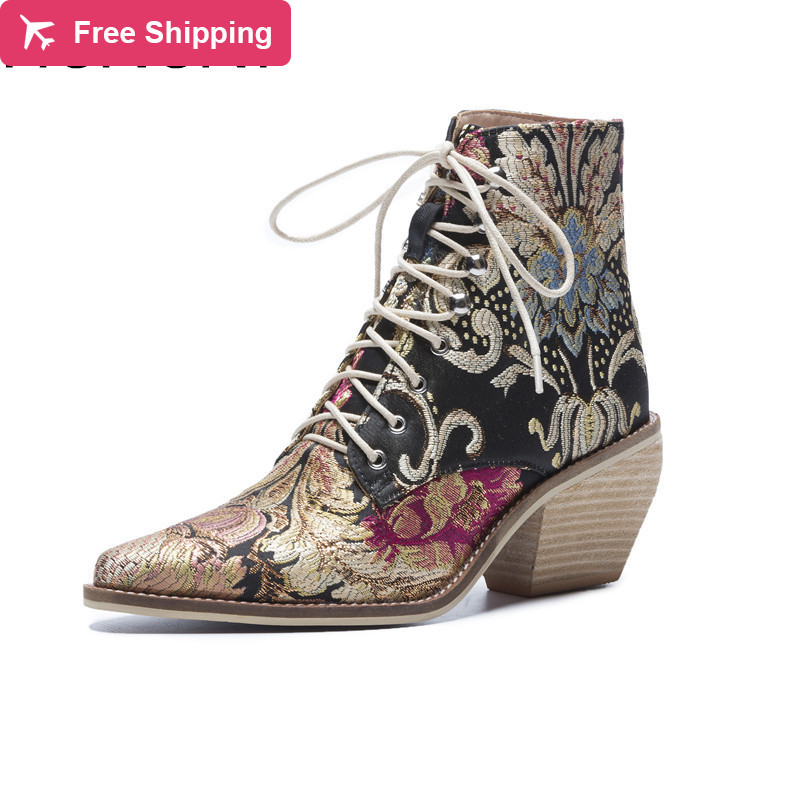 

Western Martin Ankle New Fall Luxury Silk Bore Women Boots Lace Up Shoes Botines mujer, Blake