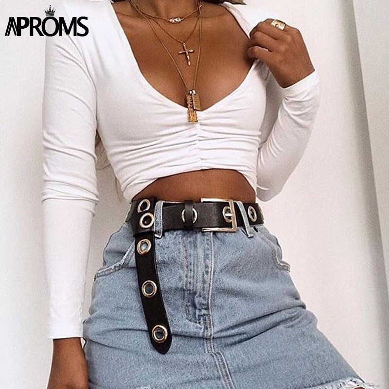 

Aproms Sexy Long Sleeve Ruched White T-shirt Women V Neck Stretch Basic Crop Top 90s Girls Slim Cropped T Shirt Female Tee Tops 201125