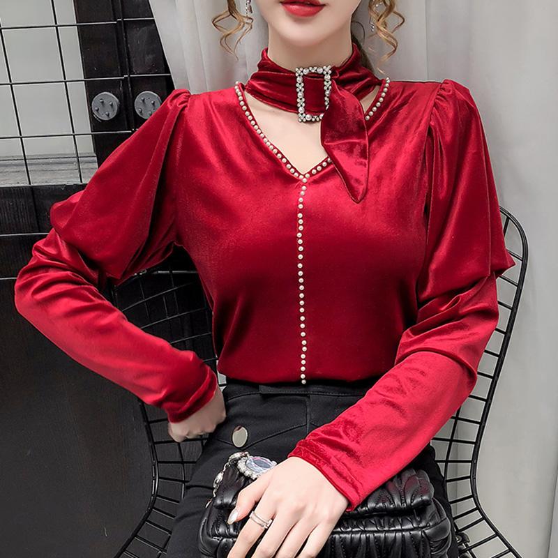 

2020 Autumn Long Sleeve Women blouse shirt Fashion Casual Sexy V-Neck Golden velvet Beading Women Tops and Shirt, Black