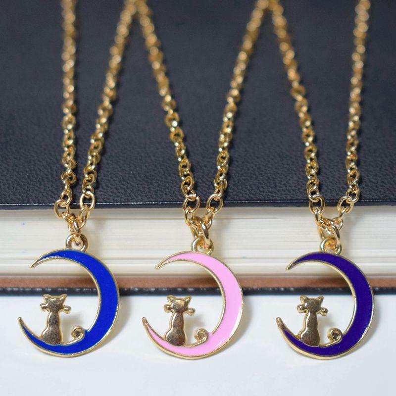 

Cute Pink Blue Purple Moon Cat Pendant Women Necklace Elegant Jewelry Christmas Gifts For Girlfriends Dropshipping 2020 NEW