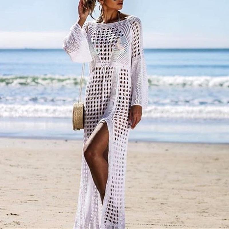 

KANCOOLD Beach Cover-up For Women Pareo Beach Long Sleeved Summer Dress Cut-out Knitted Swimsuit Sexy Swimwear New Beachwear 202, Bk