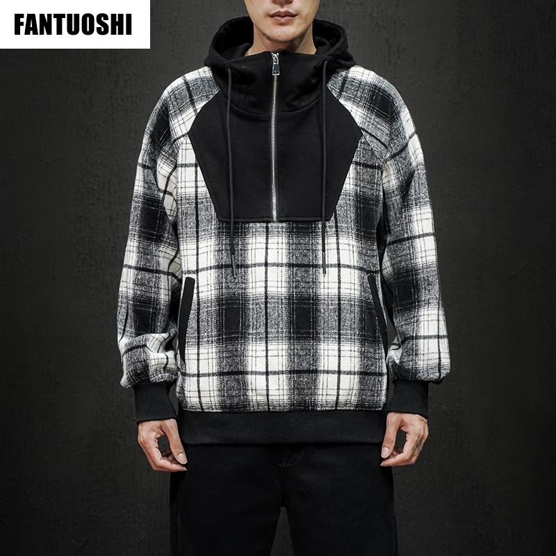 

2020 Autumn and winter new casual plaid loose hoodie sweater jacket stitching fashion large size half-zip sweater high quality, Hogn ge