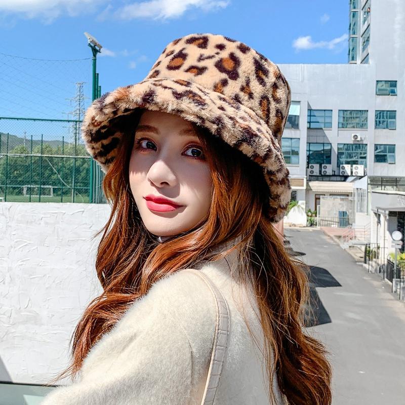 

Women Leopard Print Faux Fur Hat Winter Warm Plush Fisherman Cap Bucket Hat, Mc2