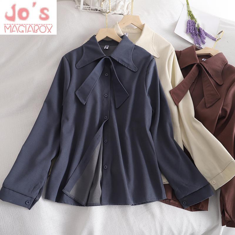 

Casual Vintage Womens Turn-Down Collar Tops And Blouses Ladies Office Lady Long Sleeve Solid Chiffon Kimono Shirts Blusas Mujer, Blue solid blouses