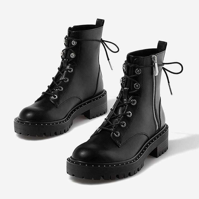 

Stylesowner Lace Up Rivets Boots Women Round Toe Ankle Boots Women Short Plush Winter Shoes Botas Mujer, Black with fur