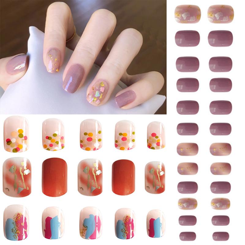 

24Pcs/box Ballerina Short False Nails with Jelly Glue Gold Foil Shell Blooming Fake Nails