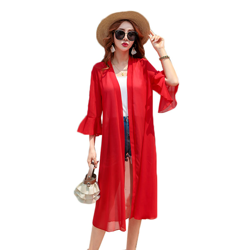 

2021 New Summer Sun Sunscreen Clothing for Women Trumpet Sleeve Female Breathable Long Cardigan Blouses Thin Coat Tops Mjuer Y130 456q, White
