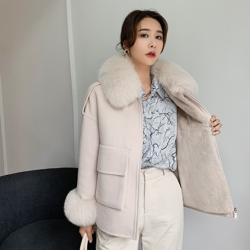 

Wool Ladies Winter Real Parka Thick Fox Fur Collar and Natural Soft Fists Rex Rabbit Lining Women's Jackets Outwear Cg1x, Pink.