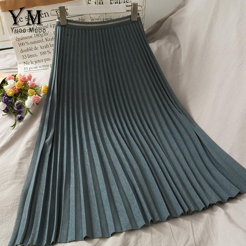 

YuooMuoo Vintage Midi Skirts Women High Waist Pleated Skirt 2020 Autumn Chic Big Swing Skirt Ladies Blue Fashion Skirts, Black
