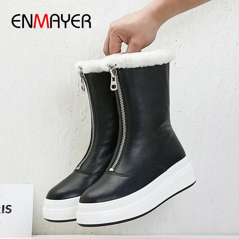 

ENMAYER 2020 Casual Zip Round Toe Ankle Boots for Women Genuine Leather Snow Boots Flat with Fur Winter Shoes Women Size 34-401, Beige