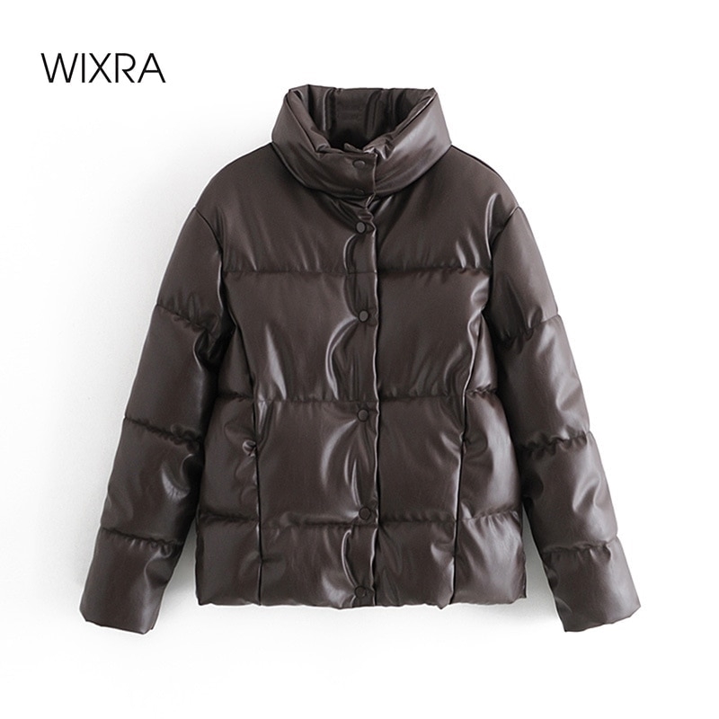 

Wixra Faux Leather Padded Jacket Loose Parkas Coat Female Solid Stand Collar Outwear Waterproof Street Wear 210203, Coffee