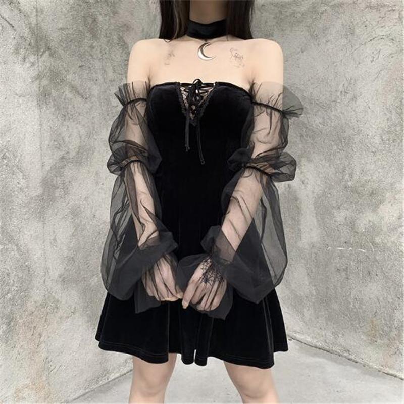 

Sexy Off Shoulder Women Dresses Mesh Sheer Long Sleeves Loose Casual Mini Short Vestido Black Backless Party Clubwear Lady Dress, As pic
