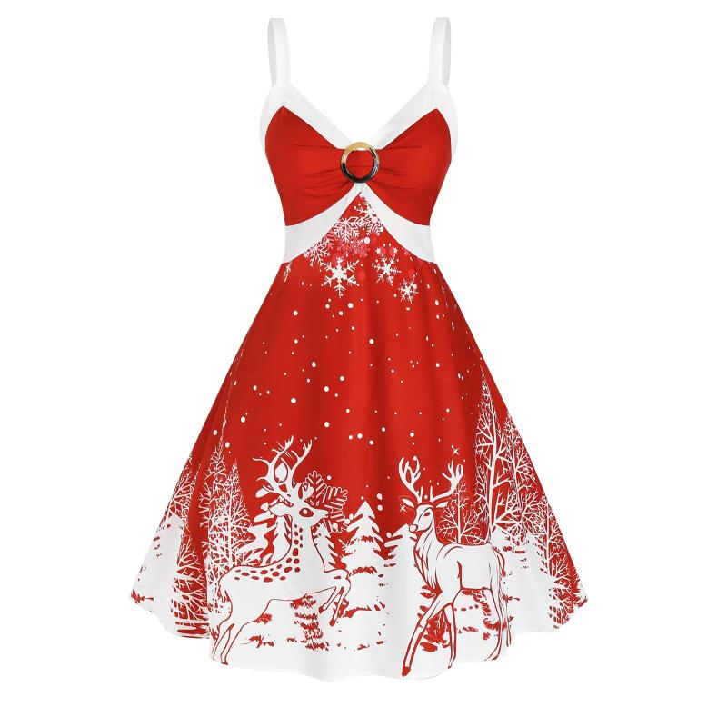 

Snowflake Vestidos Christmas Sexy V-neck Plus Size Party Dress Women Vintage Print Sukienka Sleeveless A-line Jurken Lady Robe, Red