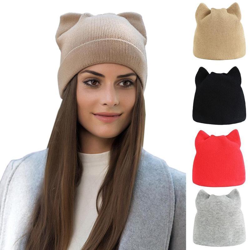

Cute Cat Ear Women Hats Fashion Winter Warm Casual Hat Cap Female Wool Hat Hats Girls Skullies Color Beanies Solid Knitted W2Y9, Red