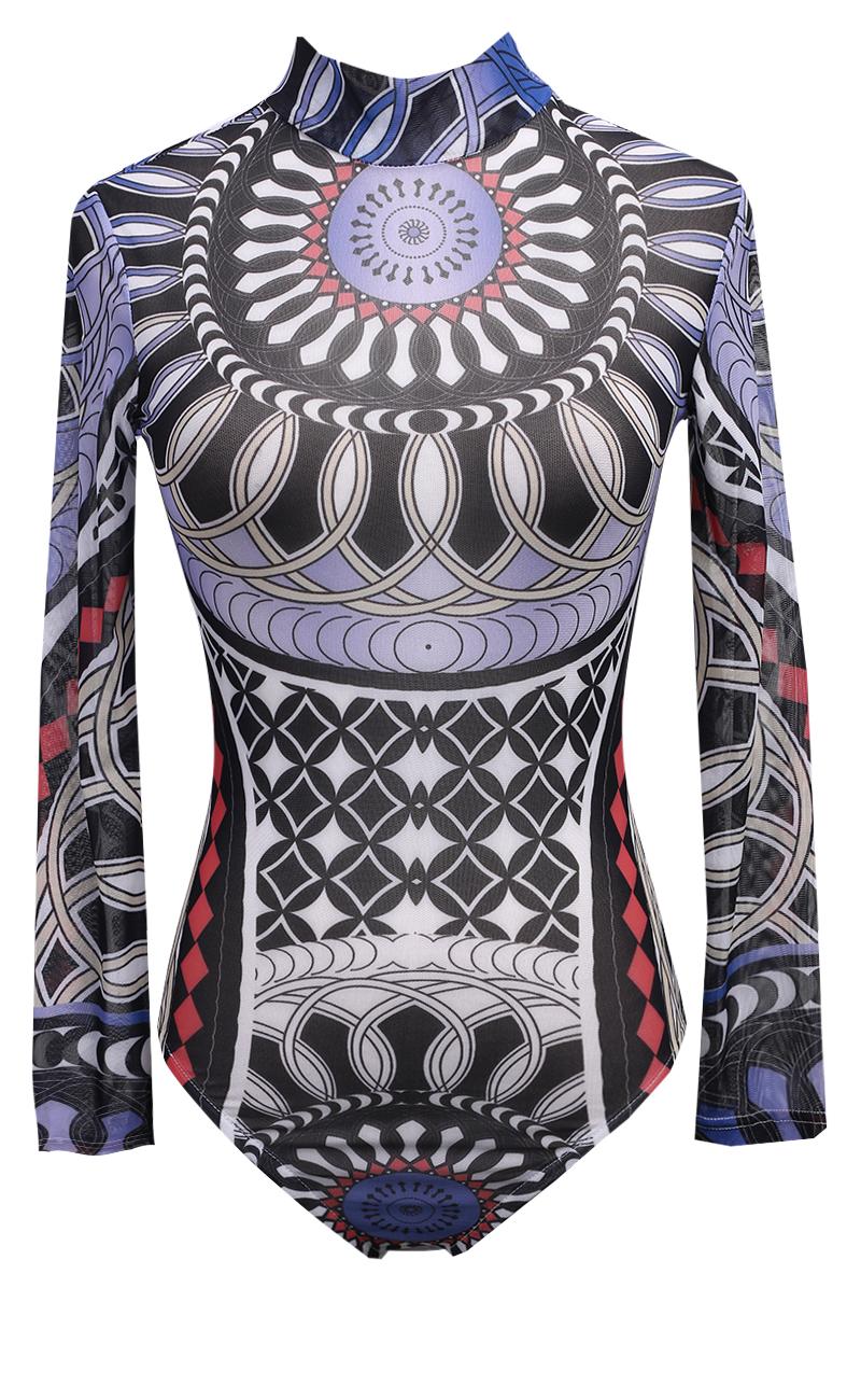 

New Women Long Sleeve Sexy Bodysuit Sheer See Through Geo Pattern Jumpsuit, Blue