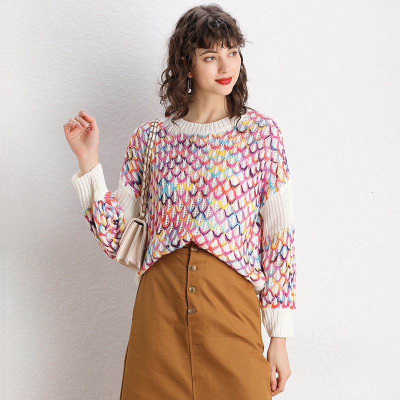 

2021 New Woman's Colorful Knitting Lets Go the Neck Batwing Sweater Sleeve Sweaters for Woman Oversized Jumper Autumn P0QB, Red