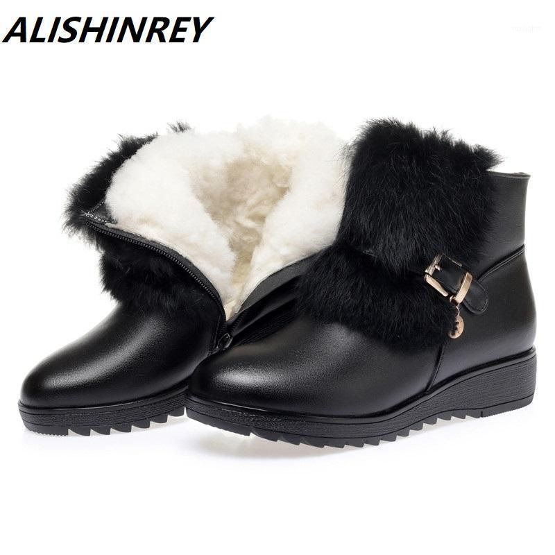 

ALISHINREY Women Ankle Boots 2021 New Winter Genuine Leather Real Flat Ladies Large Size Wool Warm Ladies Short Boots1, Black fluff