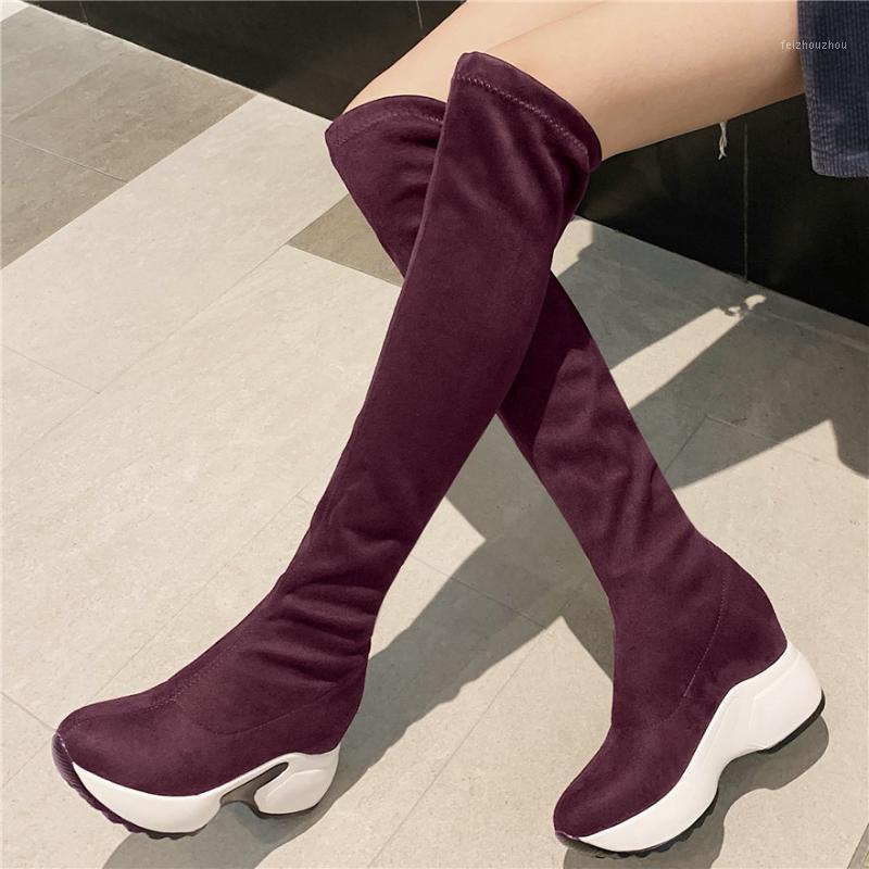 

2020 Thigh High Platform Oxfords Shoes Women Stretchy Wedges Over The Knee High Boots Female Slip On Long Shaft Fashion Sneakers1, Black