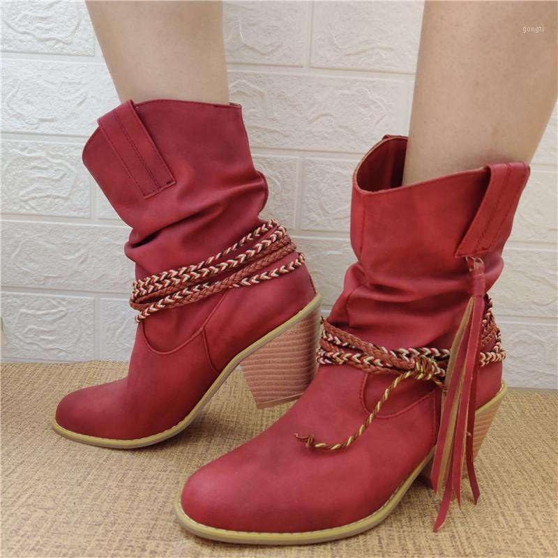 

YMECHIC 2020 Fashion Thick Heels Rope Cross Strap Fringe Slip on Ankle Western Boots Female Shoes Red Brown Black Cowgirl Boots1