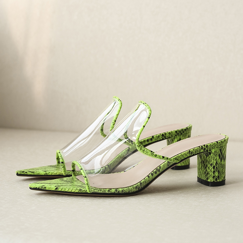 

2021 Hot Women's Plus Size 22-26.5 in Ladies Shoes Five-inch Heels 9cm Width and Transparent Red Standard Snake Slippers 63YM, Green.