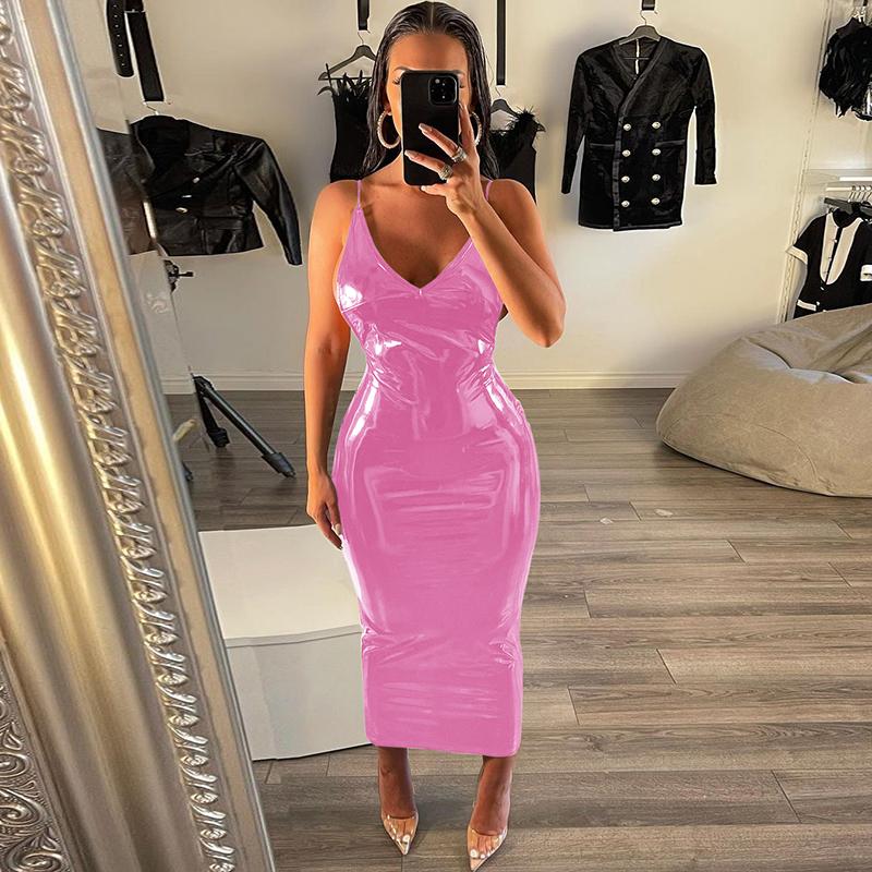 

Casual Dresses Hirigin Sexy Backless Long Bodycon Dress Women Spaghetti Straps PU Leather Pencil Club Night Party Sleeveless, Black
