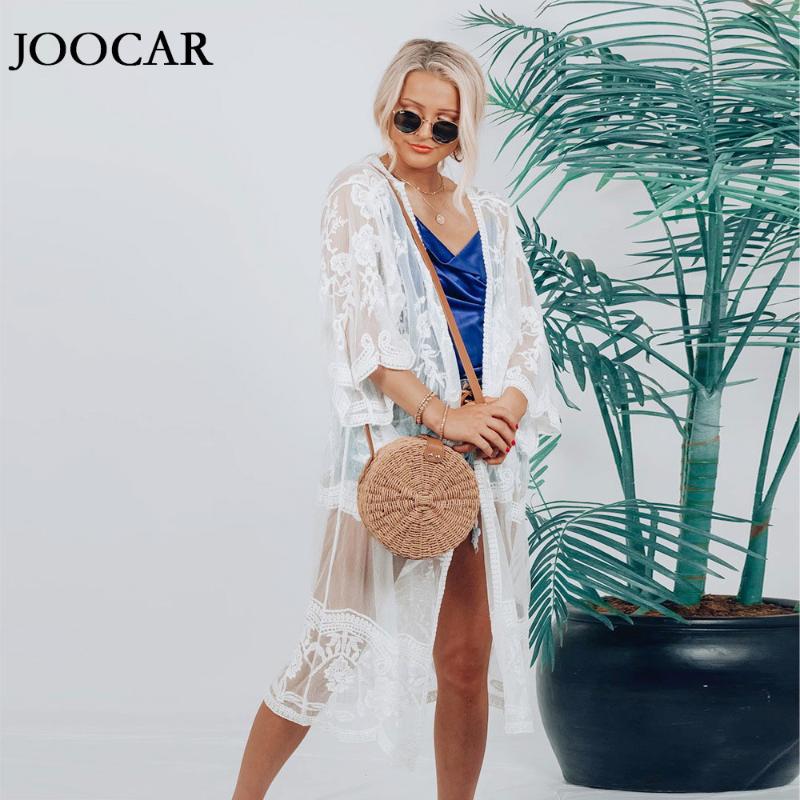 

free shipping 2020 joocar lace long sleeve belt beach smock JC1108, White