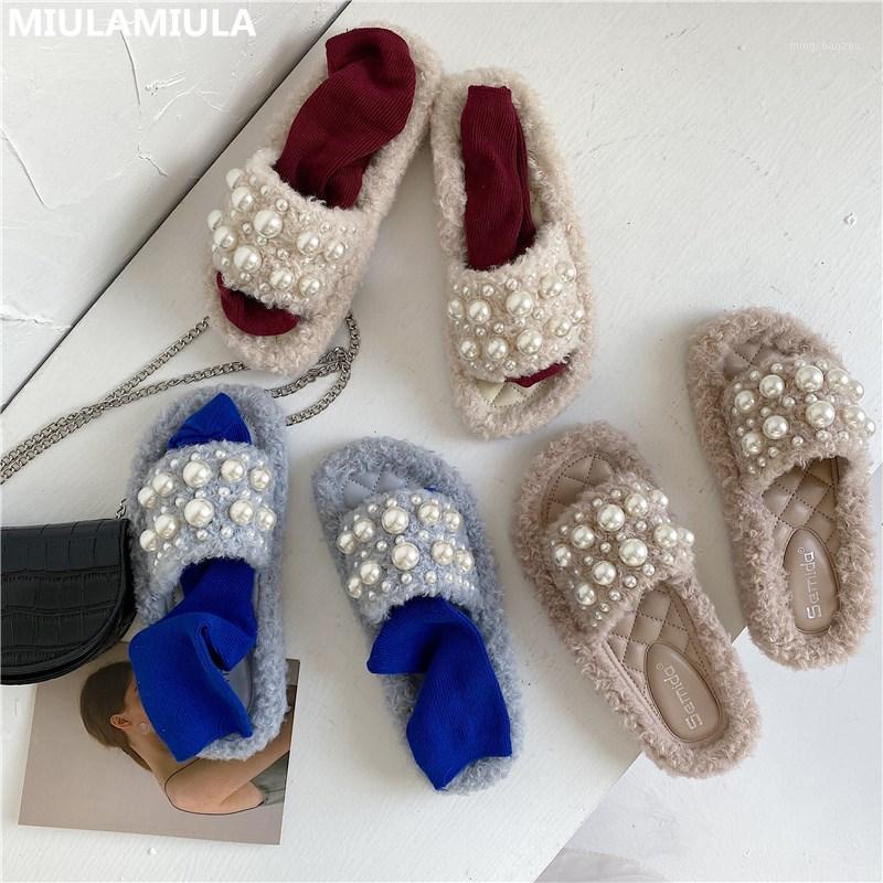 

MIULAMIULA Brand Design 2020 Hot Fashion Luxury Pearl Comfy Bottom Soft Fur Slides Flat Slipper Loafers Mules Flip Flops Outside1, Blue